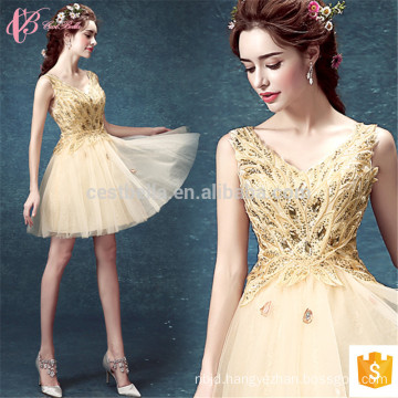 Bling Elegant Golden Short Chiffon Appliqued Plus Size Evening Dress for Women